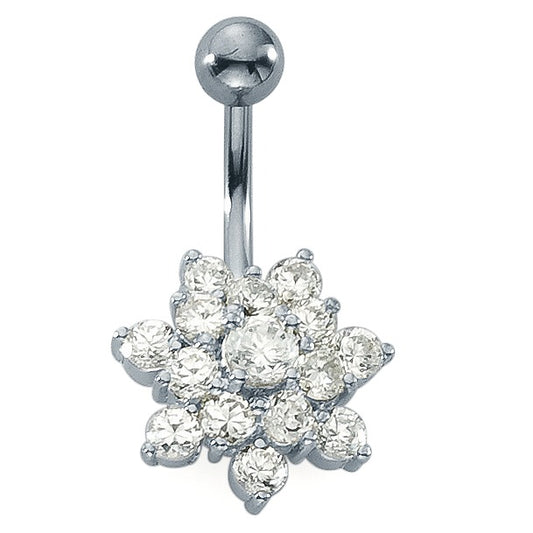 Piercing nombril Acier inoxydable Zircone blanc, 15 Pierres Fleur Ø15 mm