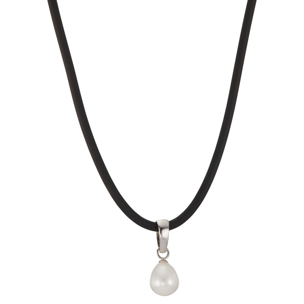 Collier Argent, Caoutchouc, Acier inoxydable Rhodié perle d'eau douce 42 cm