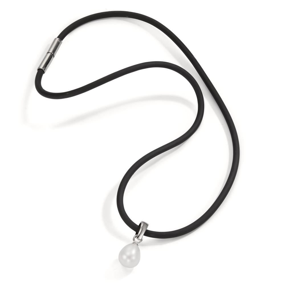 Collier Argent, Caoutchouc, Acier inoxydable Rhodié perle d'eau douce 42 cm