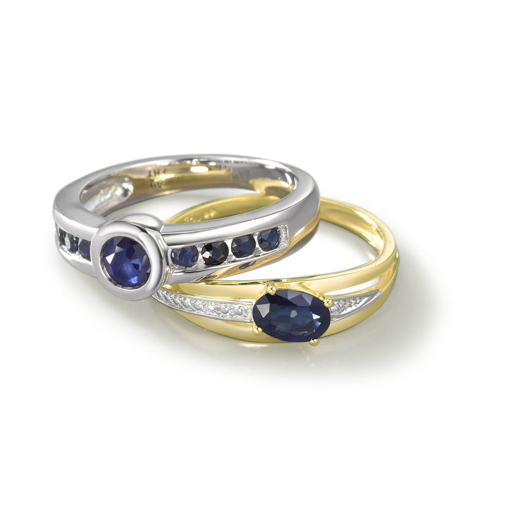 Fingerring 750/18 K Gelbgold Saphir blau, oval, Diamant weiss, 0.01 ct