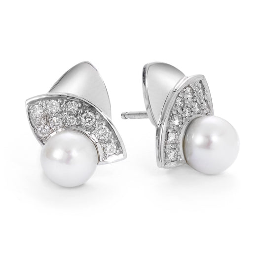 Clous d'oreilles Or blanc 18K Diamant 0.30 ct, 18 Pierres, w-si perle d'eau douce