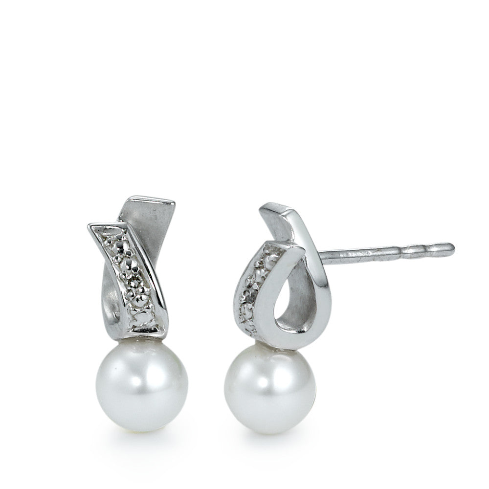 Clous d'oreilles Or blanc 18K Diamant 0.01 ct, 2 Pierres, w-si perle d'eau douce