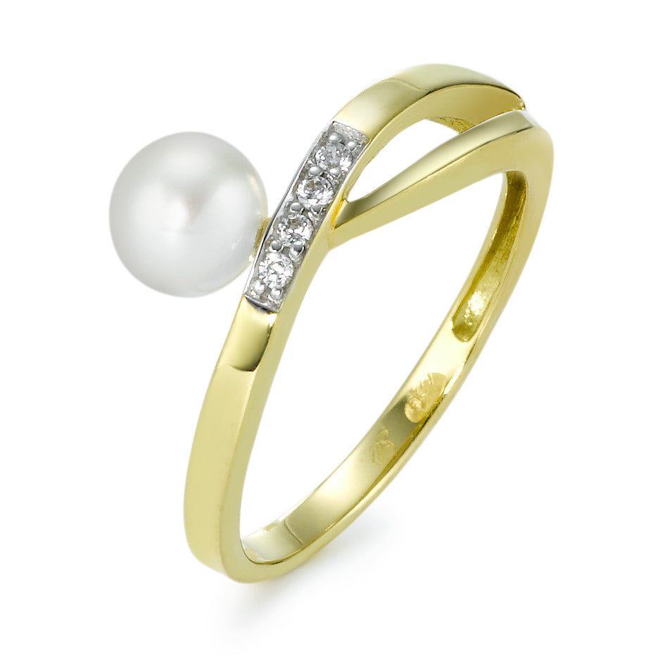 Bague Or jaune 18K Zircone perle d'eau douce