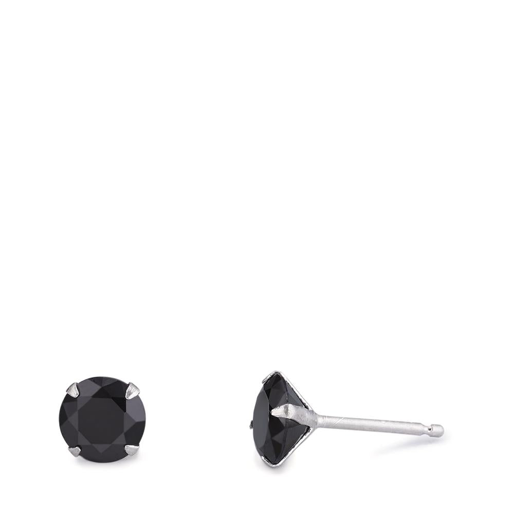 Clous d'oreilles Argent Zircone noir, 2 Pierres, rond, 7 mm Rhodié