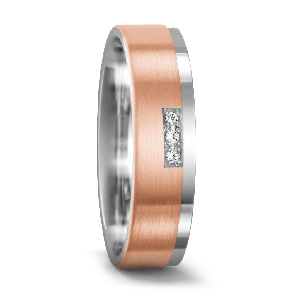 Partnerring 750/18 K Weissgold, 750/18 K Rosegold Diamant 0.03 ct, 3 Steine, w-si