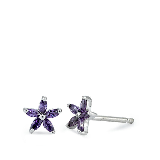 Ohrstecker Silber Zirkonia violett, 10 Steine, Navetteschliff rhodiniert Ø7 mm