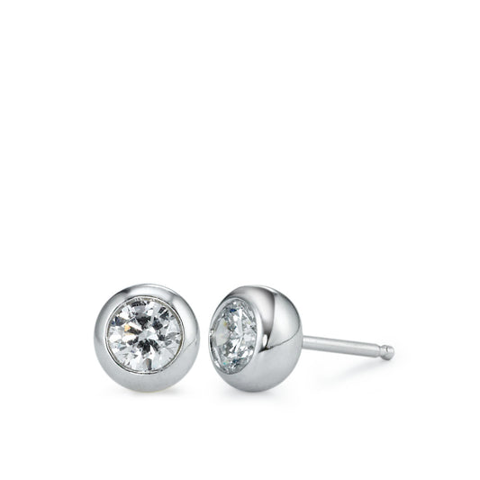 Clous d'oreilles Argent Zircone blanc, 2 Pierres, rond, 5 mm Rhodié Ø7 mm