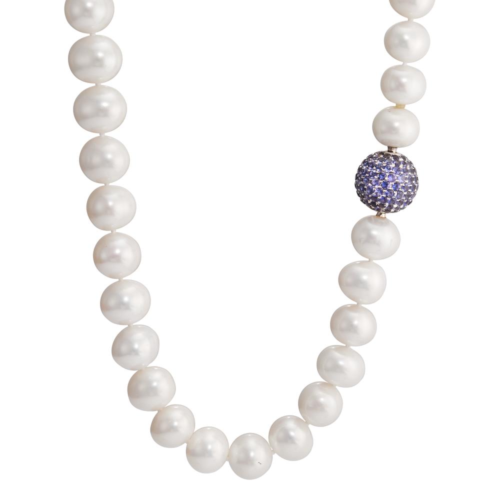 Collier Or blanc 18K Lolite violet, 142 Pierres perle d'eau douce 44 cm