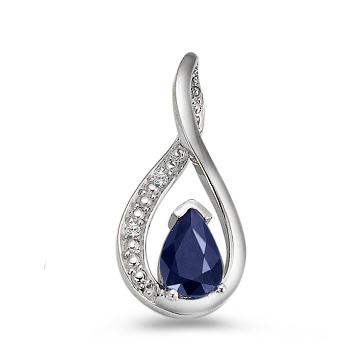 Pendentif Or blanc 18K Saphir bleu, goutte, Diamant 0.01 ct, 2 Pierres