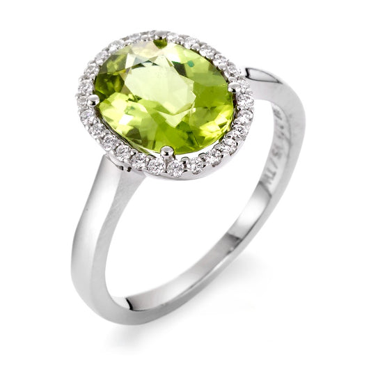 Anello Oro bianco 750/18 carati Peridoto verde, Diamante 0.15 ct, 26 pietra, tw-vsi