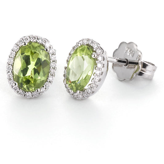 Orecchini a bottone Oro bianco 750/18 carati Peridoto verde, 2 pietra, [oval], Diamante bianco, 0.18 ct, 44 pietra, tw-vsi