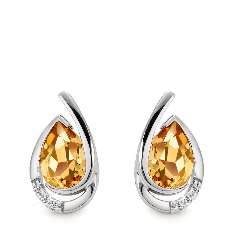 Orecchini a bottone Oro bianco 750/18 carati Citrino cognac, 0.02 ct, 6 pietra, [Brillant], w-si