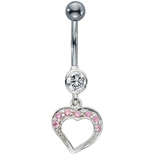 Piercing nombril Acier inoxydable, Argent Zircone rose, 8 Pierres Coeur