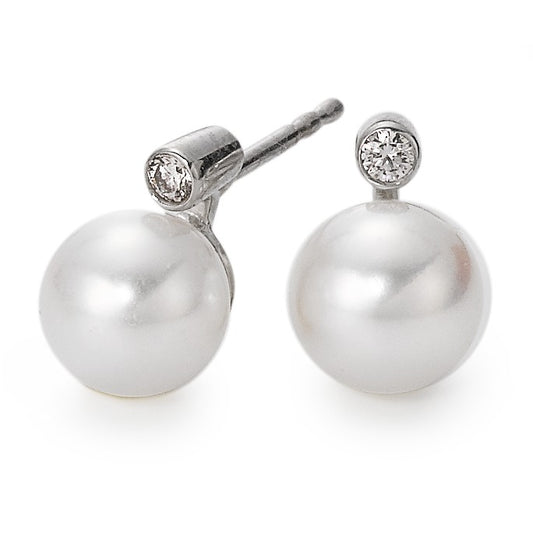 Clous d'oreilles Or blanc 18K Diamant blanc, 0.035 ct, 2 Pierres, si perle d'eau douce