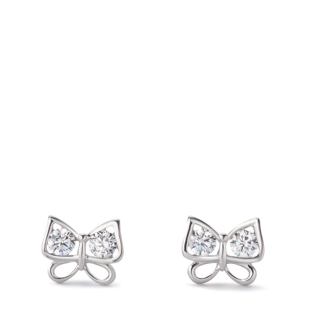 Clous d'oreilles Argent Zircone blanc, 4 Pierres Rhodié Papillon