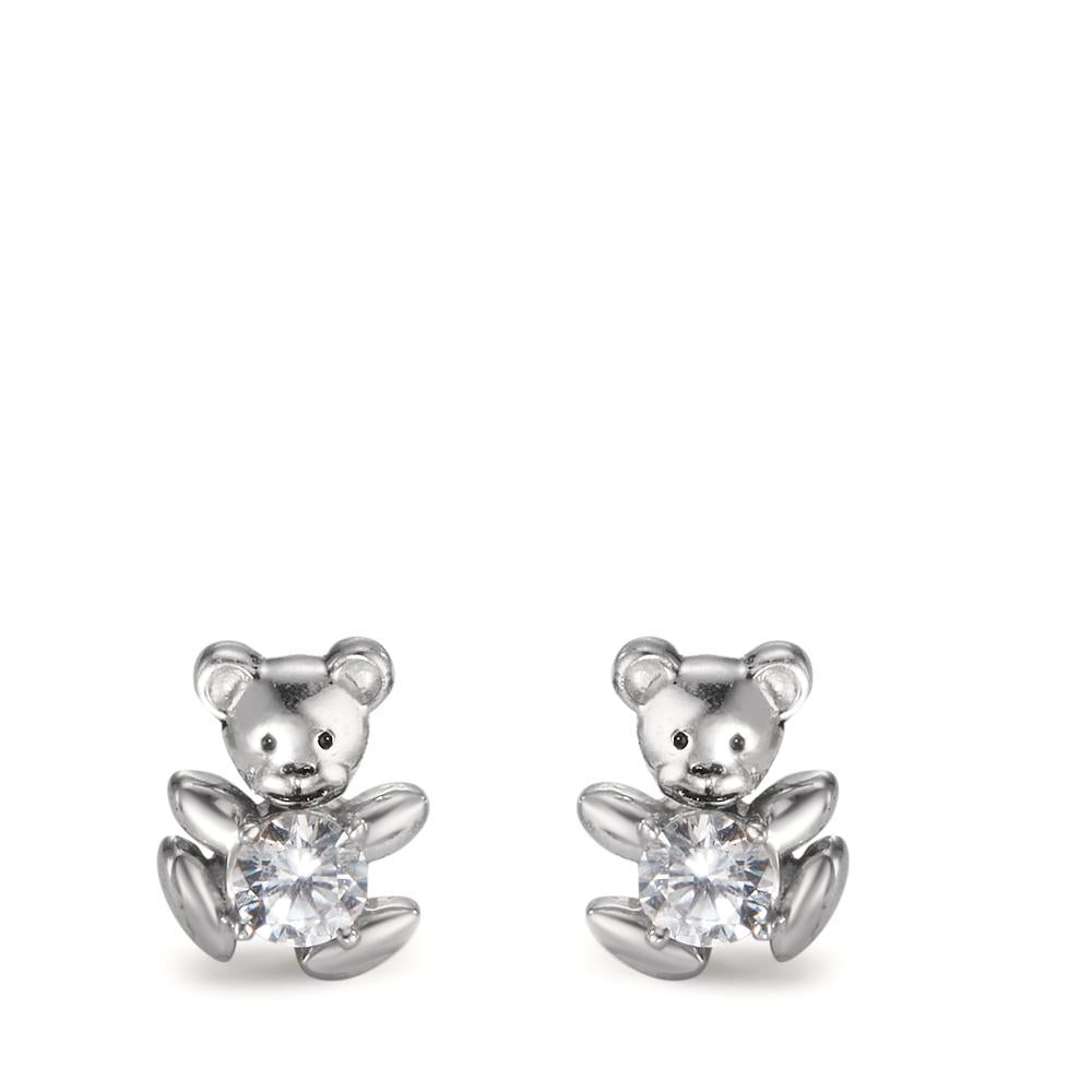 Clous d'oreilles Argent Zircone blanc, 2 Pierres Rhodié Ours en Peluche