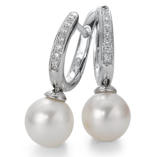 Orecchini circolari Oro bianco 750/18 carati Diamante 0.08 ct, 14 pietra, w-si Perla coltivata d'acqua dolce