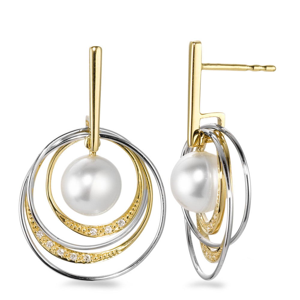 Pendant d'oreilles Or jaune 18K, Or blanc 18K Diamant blanc, 0.05 ct, 16 Pierres, brillant, w-si perle d'eau douce