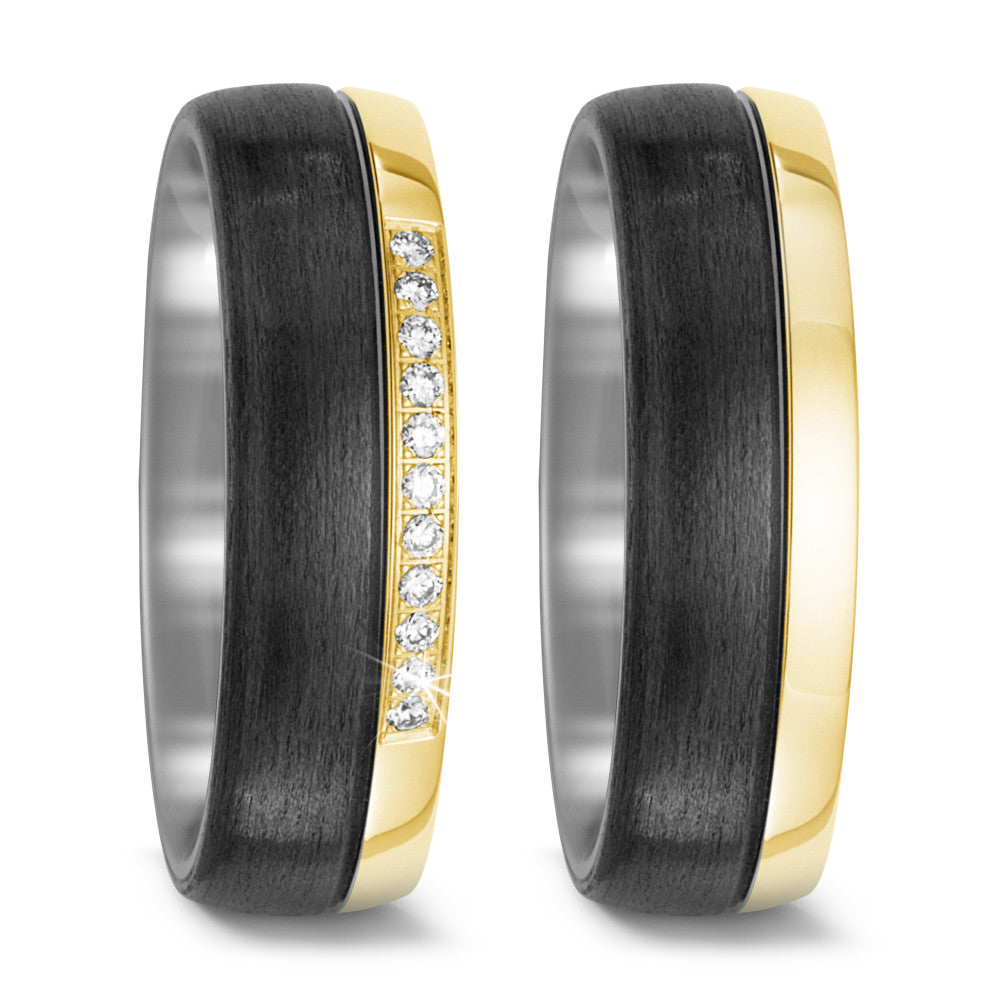 Partnerring Titan, Carbon, 750/18 K Gelbgold Diamant 0.11 ct, 11 Steine, w-si