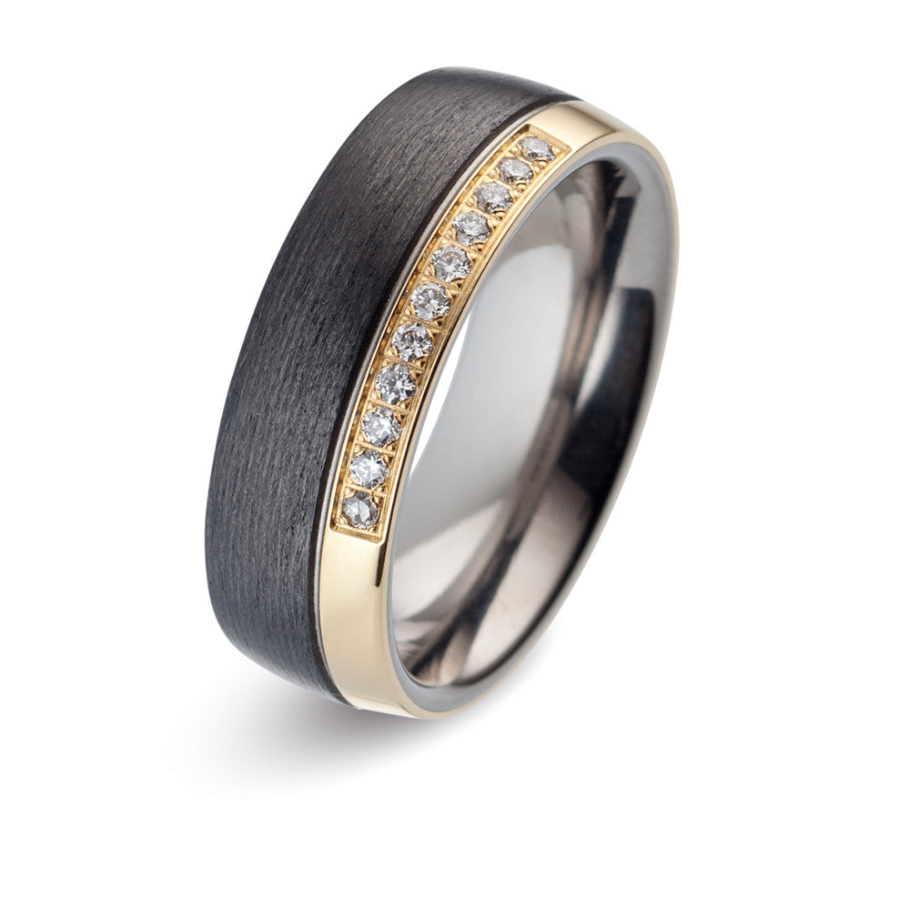 Partnerring Titan, Carbon, 750/18 K Gelbgold Diamant 0.11 ct, 11 Steine, w-si