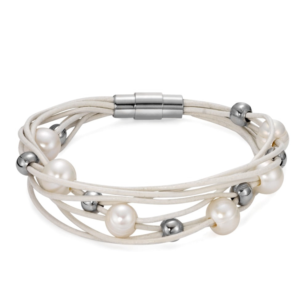 Bracciale Acciaio inossidabile, Pelle Perla coltivata d'acqua dolce 19 cm