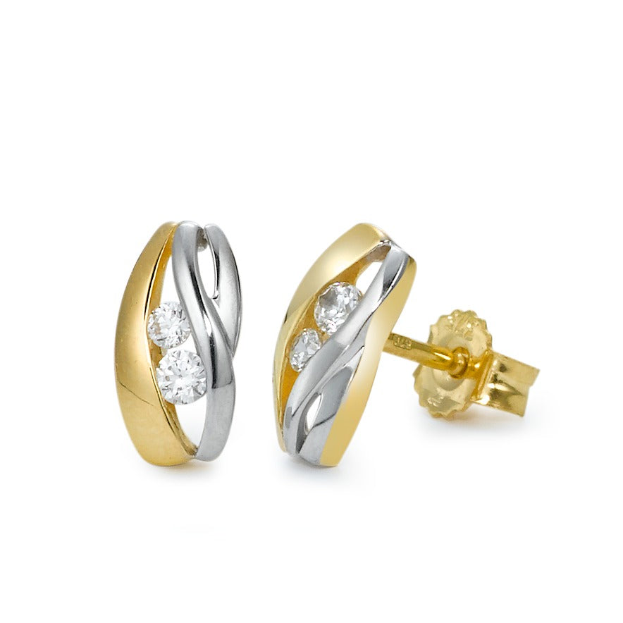 Clous d'oreilles Or jaune 9K, Or blanc 9K Zircone 4 Pierres