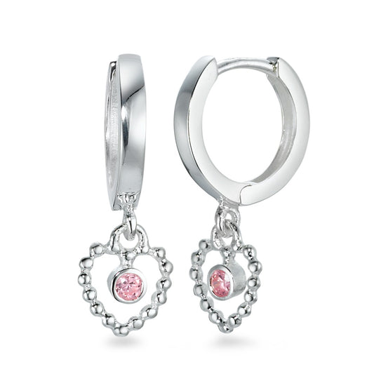 Créoles à charnières Argent Zircone rose, 2 Pierres Coeur Ø6 mm