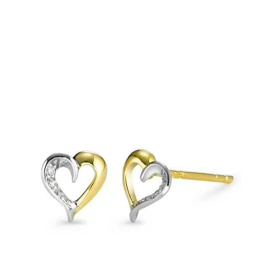 Clous d'oreilles Or jaune 18K, Or blanc 18K Diamant 0.02 ct, 4 Pierres, w-si Coeur Ø6.5 mm