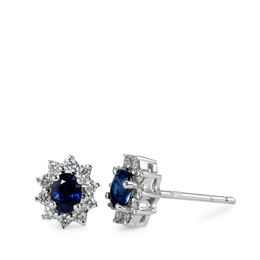 Clous d'oreilles Or blanc 18K Saphir bleu, 2 Pierres, ovale, Diamant blanc, 0.18 ct, 20 Pierres, w-si Ø7 mm