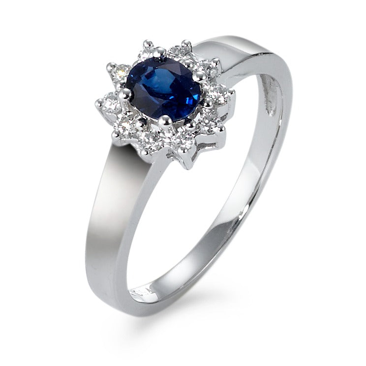 Bague Or blanc 18K Saphir bleu, ovale, Diamant blanc, 0.14 ct, 10 Pierres, w-si