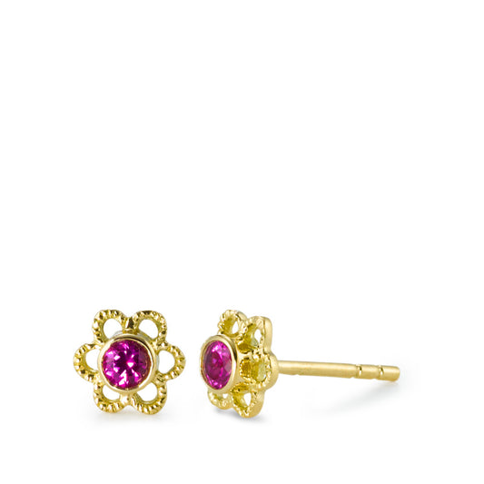 Clous d'oreilles Or jaune 18K Zircone rose, 2 Pierres Fleur Ø5.5 mm