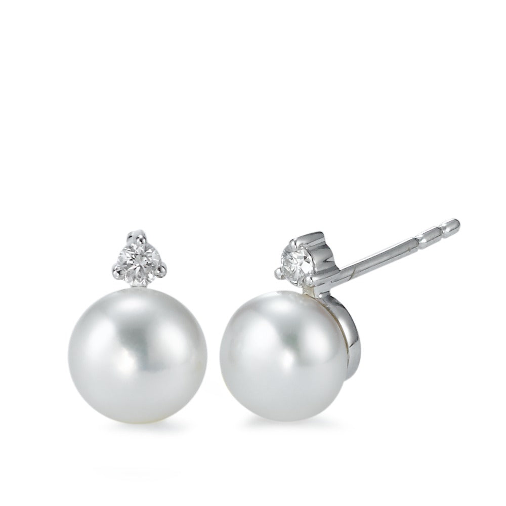 Clous d'oreilles Or blanc 18K Diamant 0.10 ct, 2 Pierres, w-si perle d'eau douce