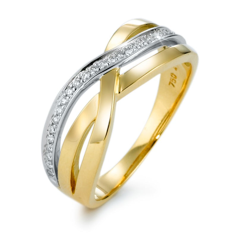 Fingerring 750/18 K Gelbgold, 750/18 K Weissgold Diamant 0.13 ct, 27 Steine, w-si