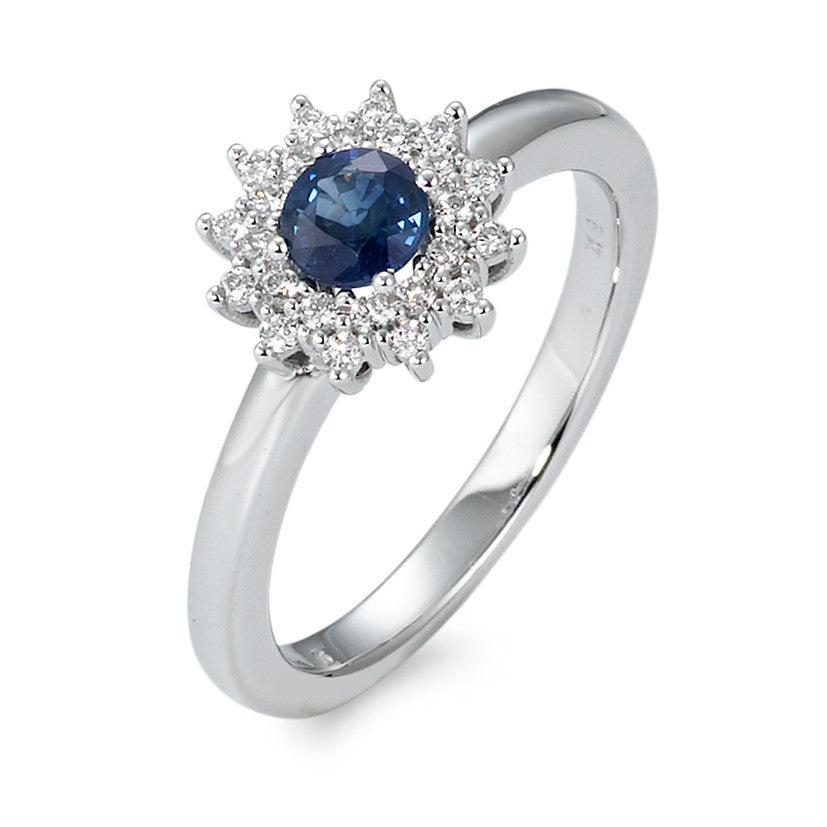 Fingerring 750/18 K Weissgold Saphir blau, Diamant weiss, 0.19 ct, 25 Steine, Brillantschliff, w-si