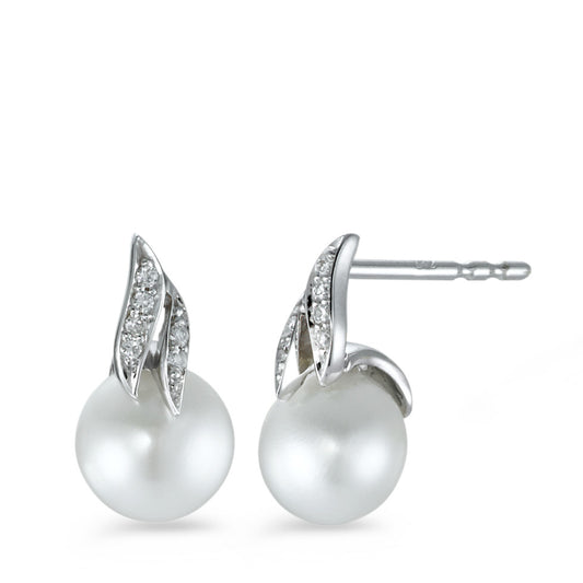 Clous d'oreilles Or blanc 18K Diamant 0.05 ct, 12 Pierres, brillant, w-si perle d'eau douce