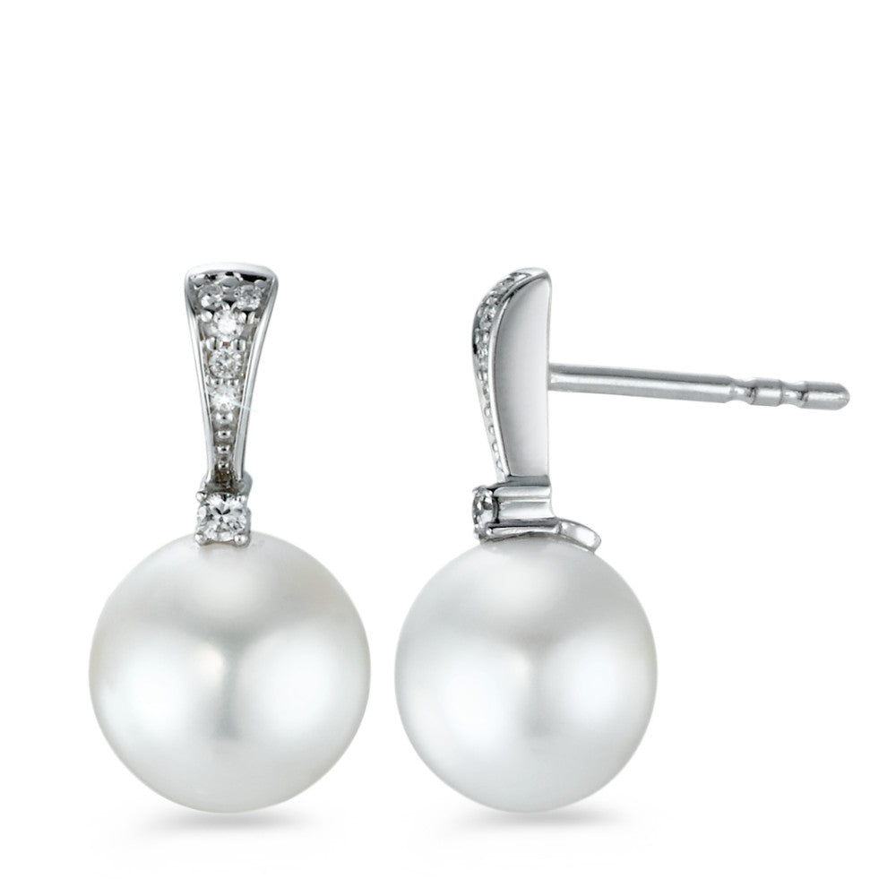 Clous d'oreilles Or blanc 18K Diamant 0.07 ct, 12 Pierres, brillant, w-si perle d'eau douce