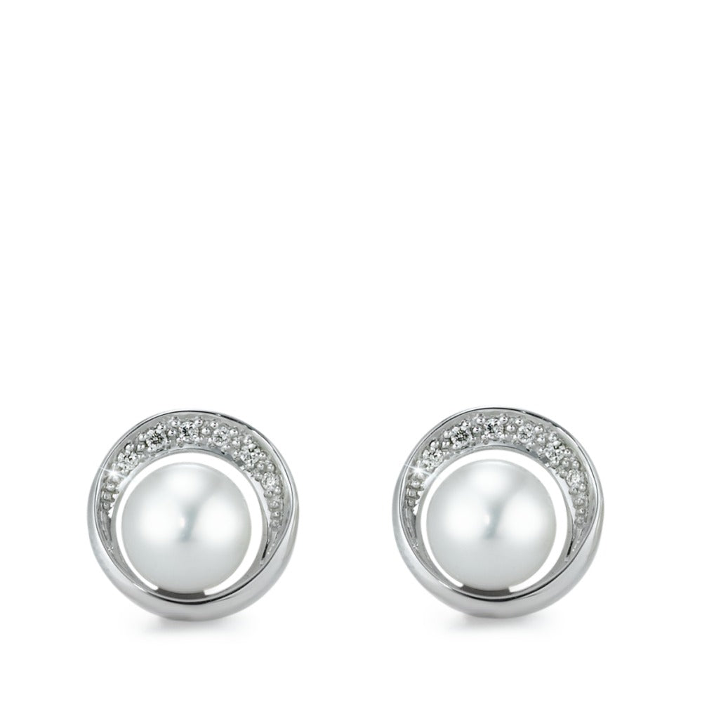 Clous d'oreilles Or blanc 18K Diamant 0.06 ct, 12 Pierres, brillant, w-si perle d'eau douce Ø10 mm