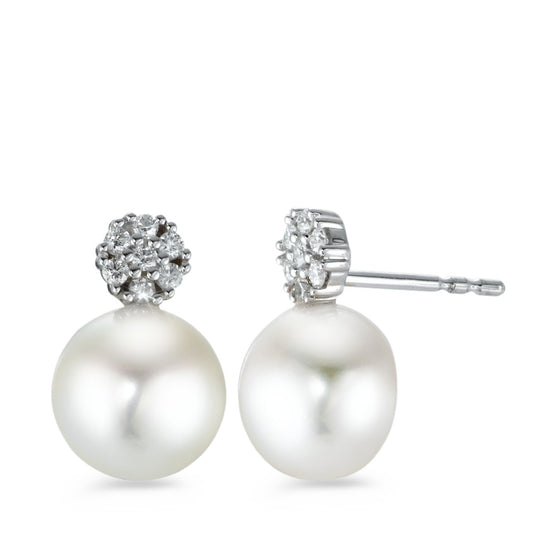 Clous d'oreilles Or blanc 18K Diamant 0.14 ct, 14 Pierres, brillant, w-si perle d'eau douce