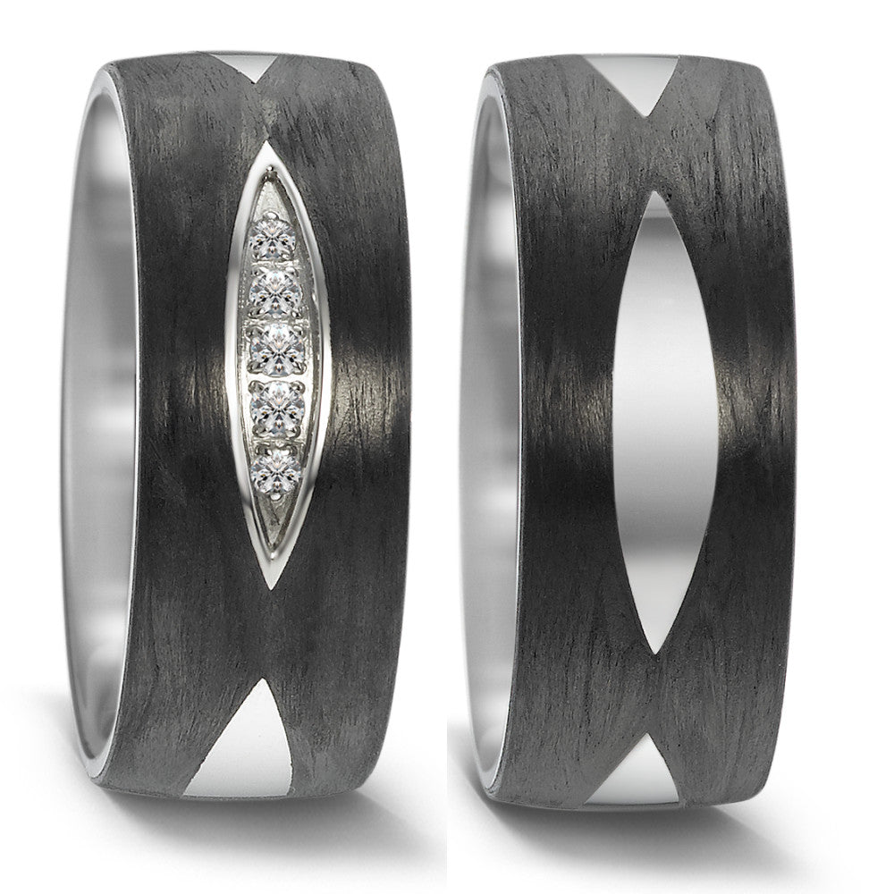 Partnerring Edelstahl, Carbon Zirkonia 5 Steine