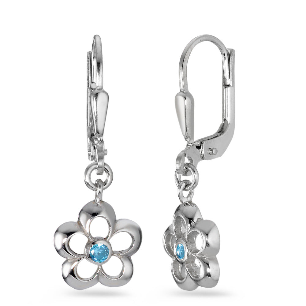 Pendant d'oreilles Argent Zircone bleu clair, 2 Pierres Rhodié Fleur Ø9 mm