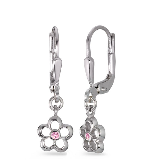 Pendant d'oreilles Argent Zircone rose, 2 Pierres Rhodié Fleur Ø7 mm