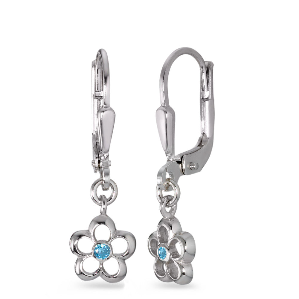 Pendant d'oreilles Argent Zircone bleu clair, 2 Pierres Rhodié Fleur Ø7 mm