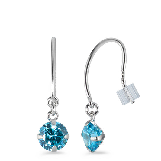 Pendant d'oreilles Argent Zircone aqua, 2 Pierres, rond Rhodié Ø6 mm