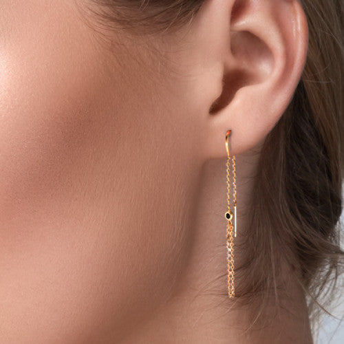 Boucles d'oreilles pendantes Bronze Zircone noir, 2 Pierres Plaqué or