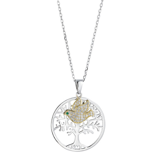 Chaînette avec pendentif Argent Zircone vert Rhodié Arbre de la vie 40-45 cm Ø25 mm