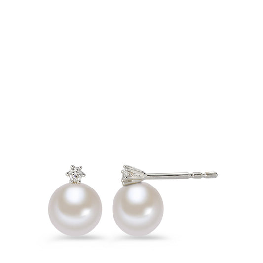 Clous d'oreilles Or blanc 18K Diamant blanc, 0.05 ct, 2 Pierres, brillant, w-si perle d'eau douce