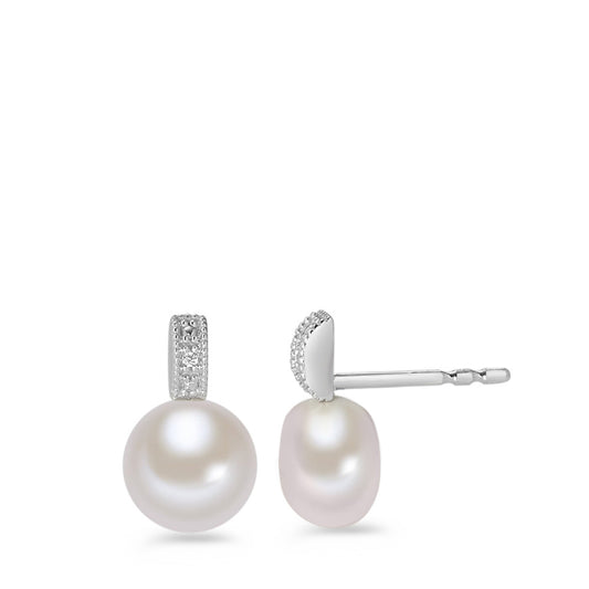 Clous d'oreilles Or blanc 9K Diamant blanc, 0.006 ct, 4 Pierres, brillant, p1 perle d'eau douce