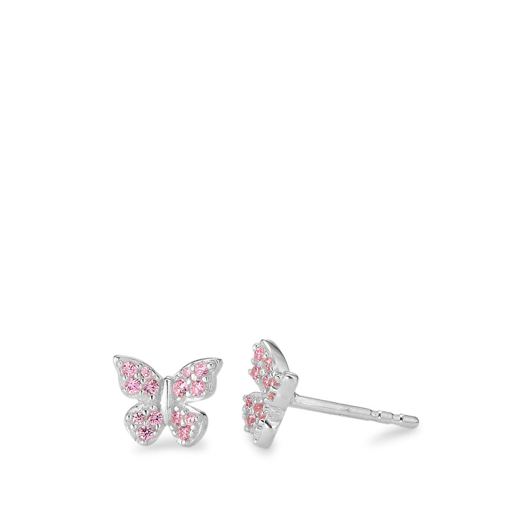 Clous d'oreilles Argent Zircone rose, 28 Pierres Rhodié Papillon Ø7 mm