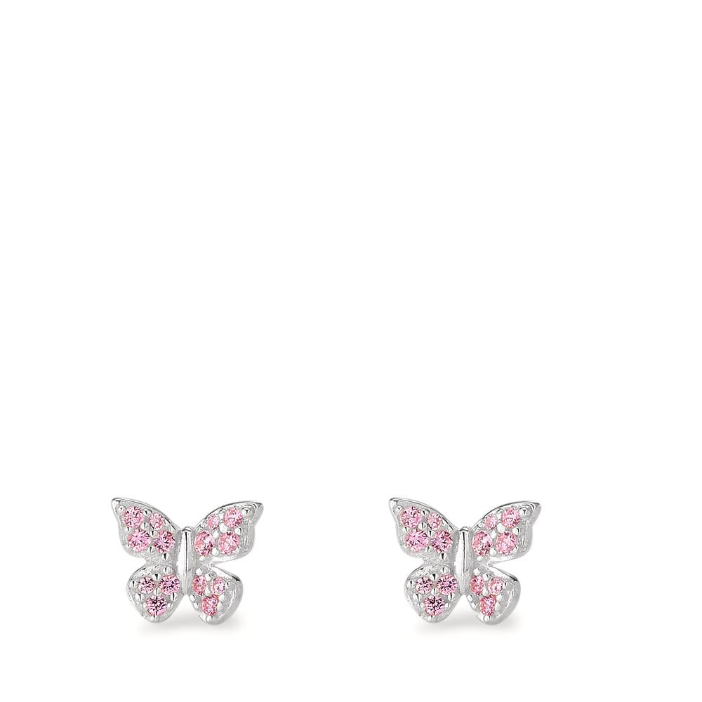 Clous d'oreilles Argent Zircone rose, 28 Pierres Rhodié Papillon Ø7 mm