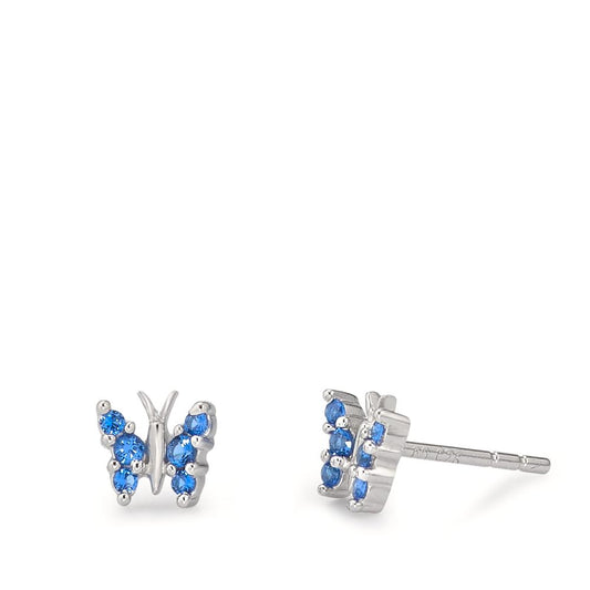 Clous d'oreilles Argent Zircone bleu, 6 Pierres Rhodié Papillon Ø6 mm